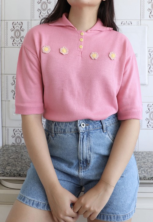 POLO OVERSIZED tricot - rosa c/ crochet