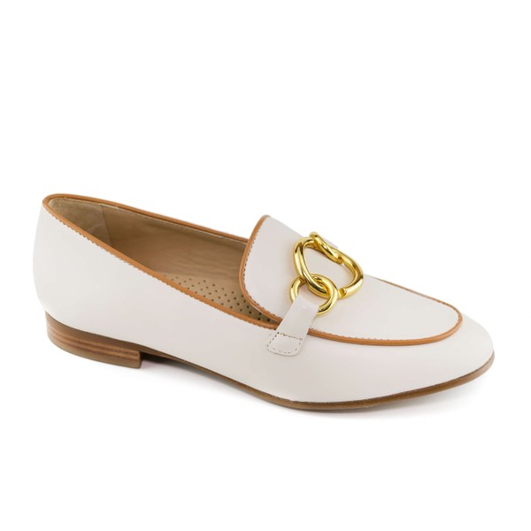 Sapato de couro branco fivela banho de ouro feminino