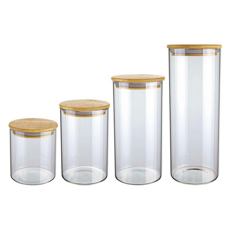 Conjunto de 4 potes de vidro com tampa de bambu - Redondo longo